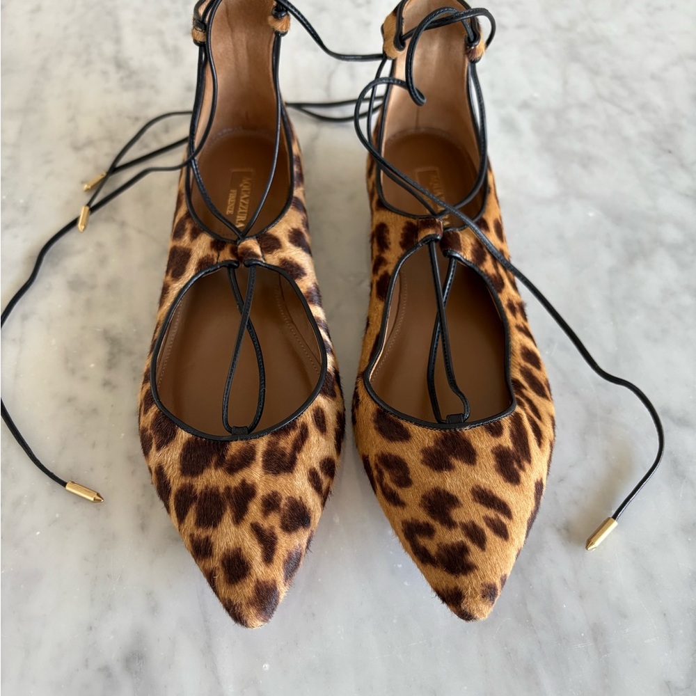 Aquazzura Leopard Print Pony Hair lace up flats